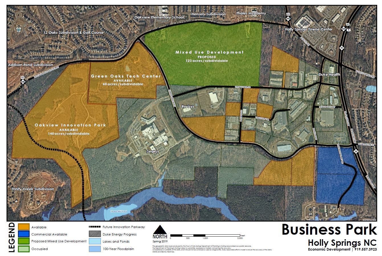 holly springs business park map showing all parcels and color coded to show available properties and