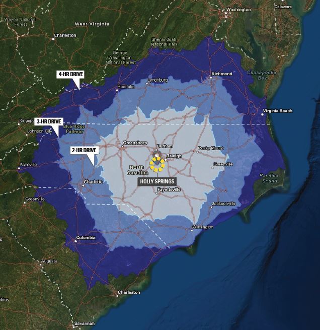 map showing circles and the time it takes to get to other large markets near holly springs