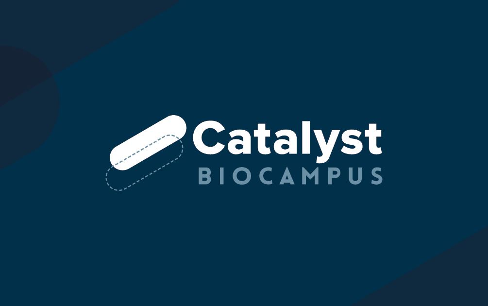 blue green and white logo that says catalyst biocampus
