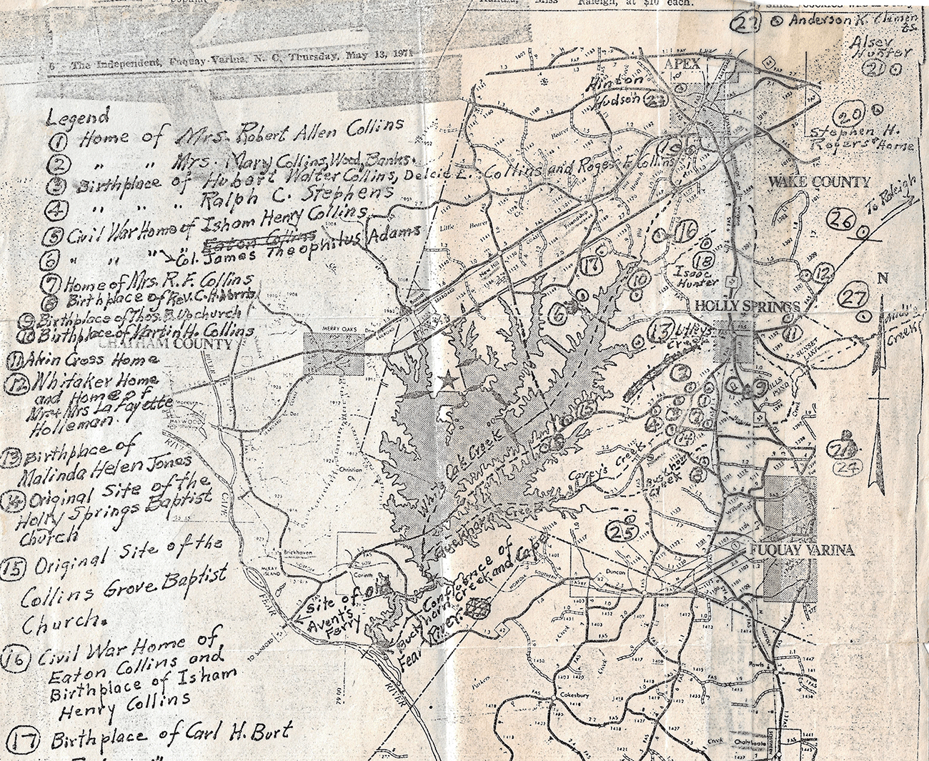 Map of Holly Springs Drawn in 1977 by Hubert Collins