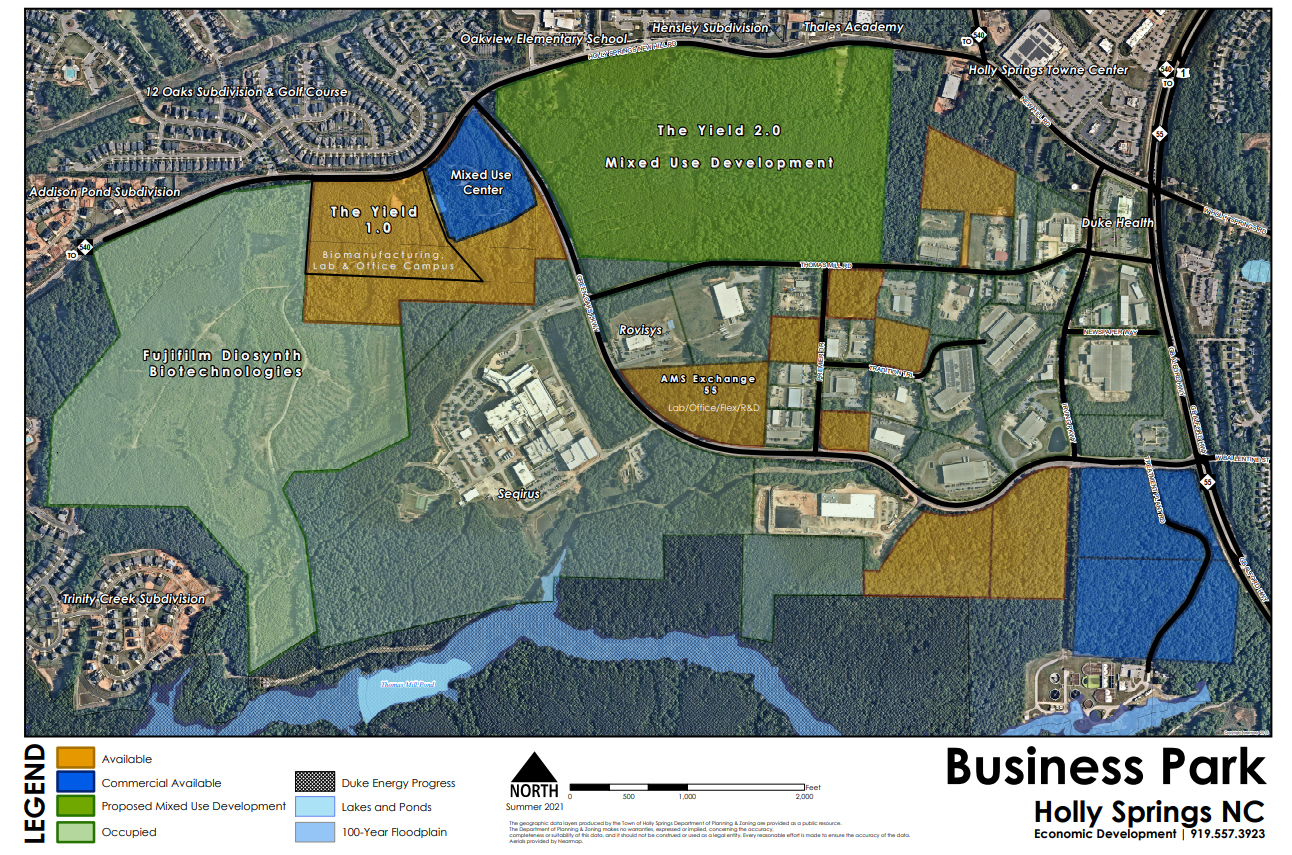 Map showing available and not available parcels of land in the Holly Springs Business Park Opens in new window